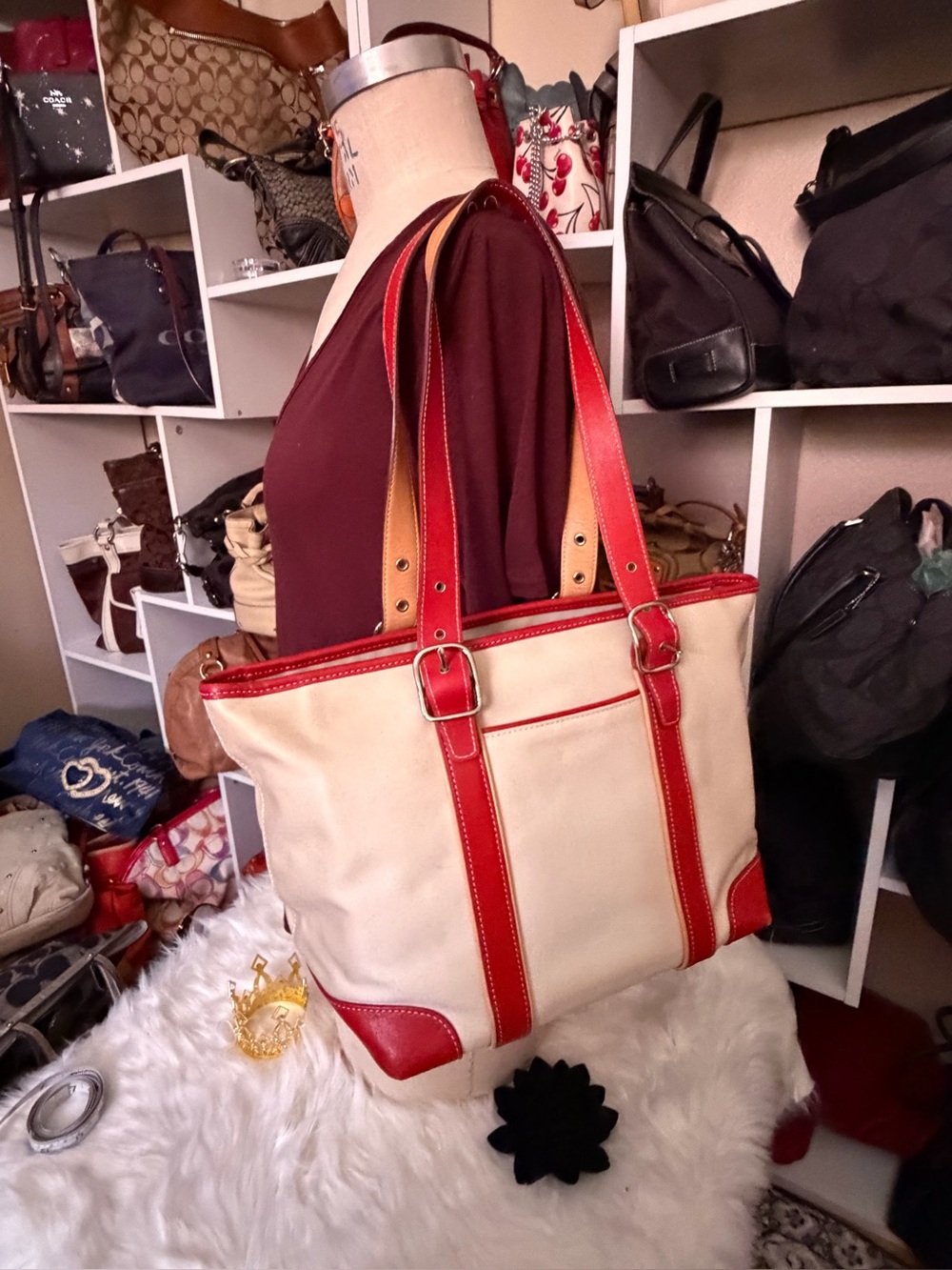 Coach Cream Canvas Tote with Red Leather Trim